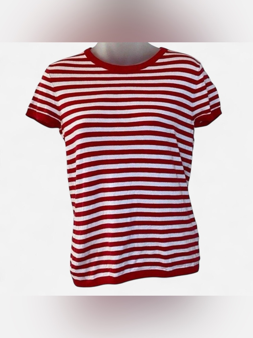 Premise Pink White Striped Knit Short Sleeve Top Back Zip XS
